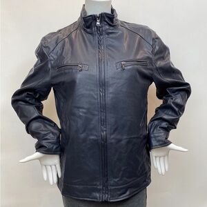 Michael Kors faux leather navy bomber style jacket, like new. Size S